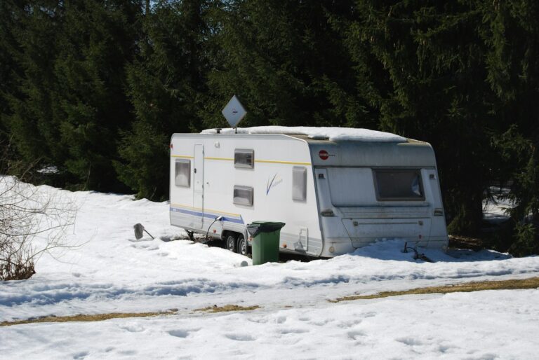 a trailer parked in the snow next to a forest